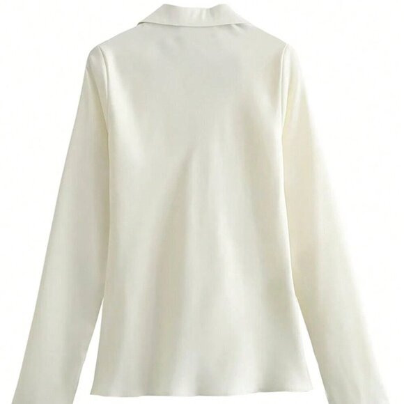 White Casual Women's Solid Color Style Silk-Like Satin Shirt With Rope Detailing - Picture 2 of 7